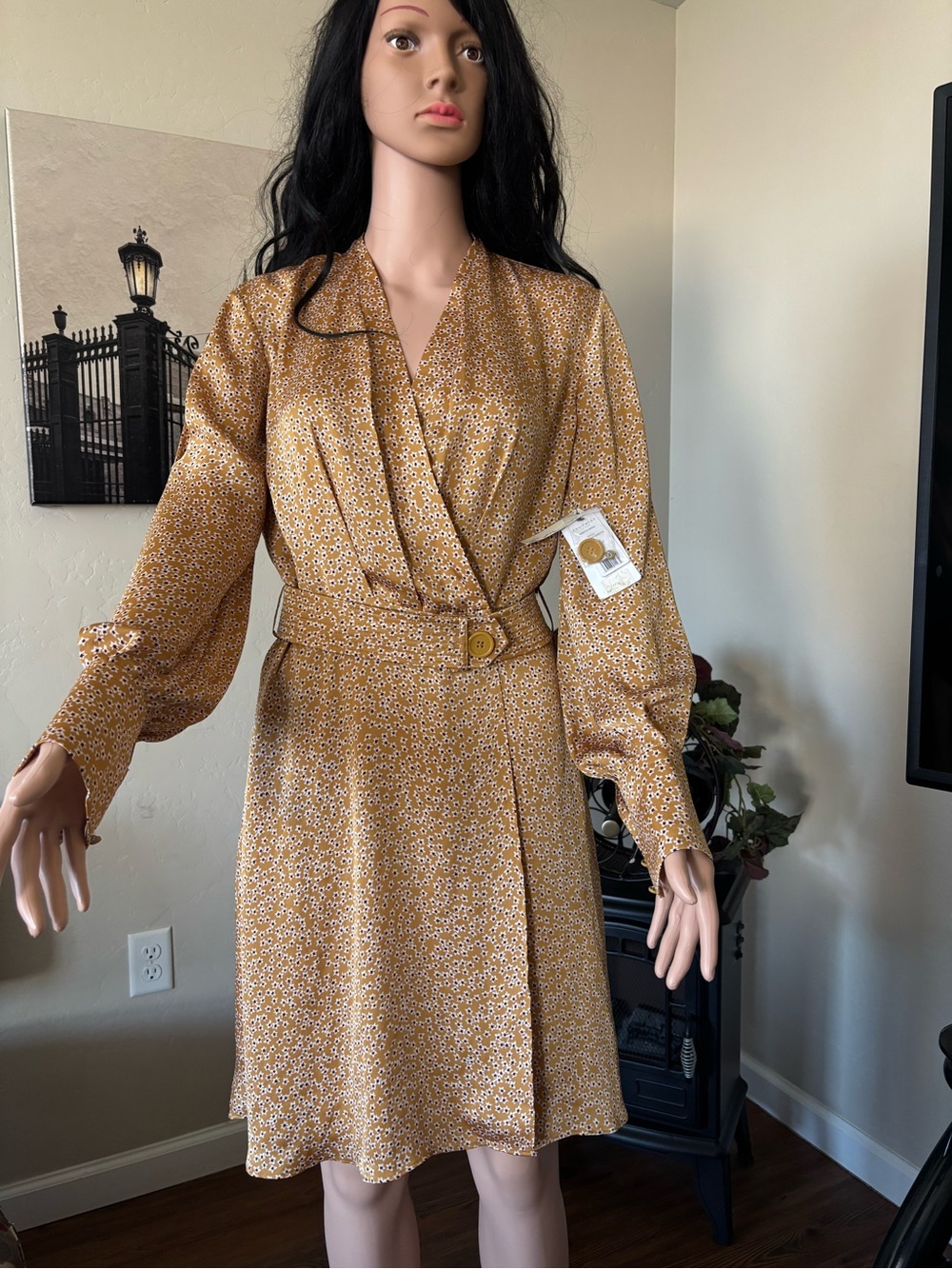 Equipment Mustard Floral Long-Sleeve Wrap Dress